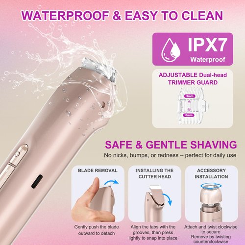 Bikini Trimmer for Women 2-in-1, Dual-Head Electric Razors for Women, IPX7 Waterproof Pubic Hair Trimmer, Facial & Body Electric Shaver, USB Rechargeable, LED Display, Rose Gold