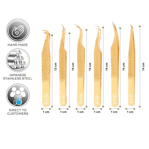 SIVOTE Eyelash Extension Tweezers Fiber Tips Japanese Steel, Set of 6, Curved, Dolphin, 90 Degree 45 Degree, Volume Boot & Slight Curved Tweezer, Gold