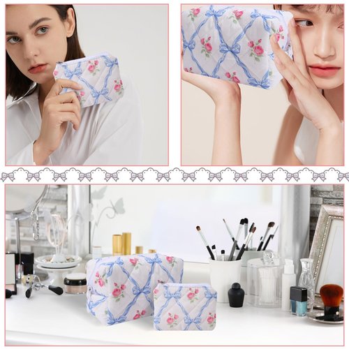LYDZTION Cute Quilted Coquette Bow Cotton Makeup Bag with Purse Pouch - Aesthetic Stuff Travel Essentials Storage Bag for Lipstick Brushes, Blue