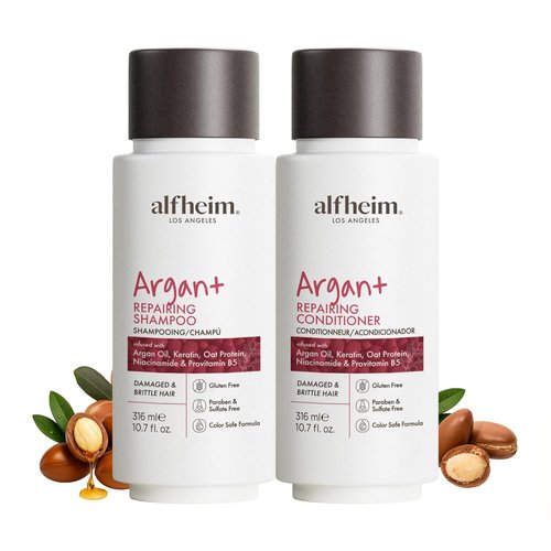 ALFHEIM Argan+ Repairing Shampoo & Conditioner Set - Deep Repair for Dry, Damaged Hair | Travel Size 10.7 oz × 2