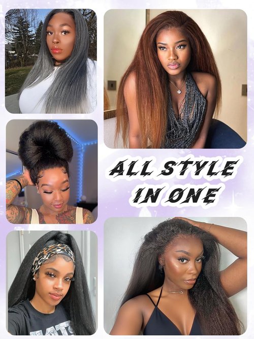 catti Half Wig Yaki Straight Ombre Black Grey Synthetic Hair 3 in 1 Kinky Straight Wigs Flip Drawstring Wig Glueless Wigs Ready to Go Headband Wig for Women 22 Inch