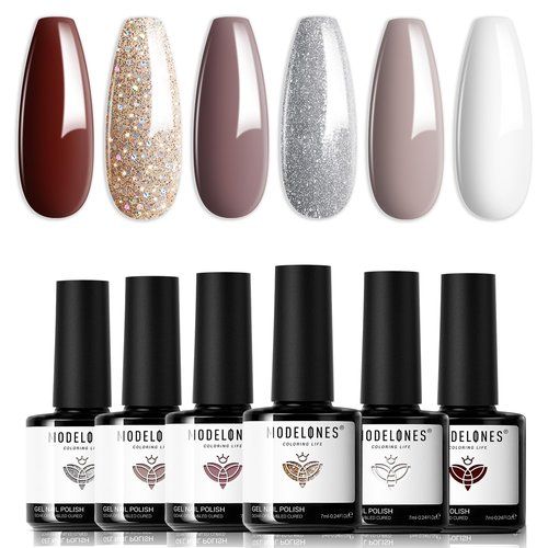 modelones Gel Nail Polish Set 6 Colors Fall Winter White Nude Brown Gel Polish Maroon Burgundy Red Champagne Gold Silver Tan Nail Art Design Kit Basic Soak Off Manicure Salon DIY Gift for Women Girls