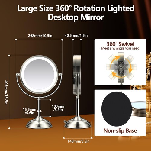 15X Magnifying Mirror with Light, Rechargeable 9" Lighted makeup mirror with magnification, 3 Color Modes, Adjustable Brightness, No Assembly Required, 360° Rotation Cosmetic Mirror, Pearl Nickel
