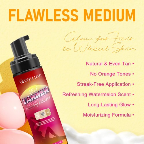 Skiennix Self Tanner Mousse Kit - Hydrating Foam with Hyaluronic Acid for Flawless, Streak-Free Tan | Watermelon Scent, Medium Glow, 6.76 fl. oz