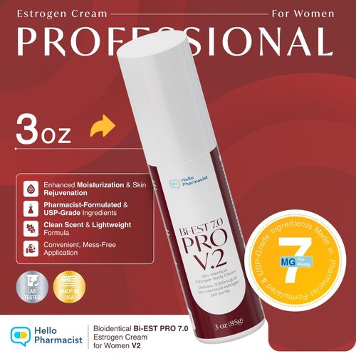 HelloPharmacist BiEst 7.0 PRO V2 Bioidentical Estrogen Cream for Women - 90 Pumps - Wild Yam Natural Estrogen Based Body Cream - 3oz