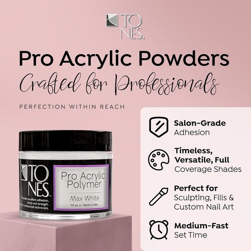 Tones Pro Acrylic Nail Powder - Max White (Creamy Soft Off-White) | 3.5 Fl Oz - Long-Lasting Non-Yellowing Polymer for Salon Quality Nail Extensions & 3D Art