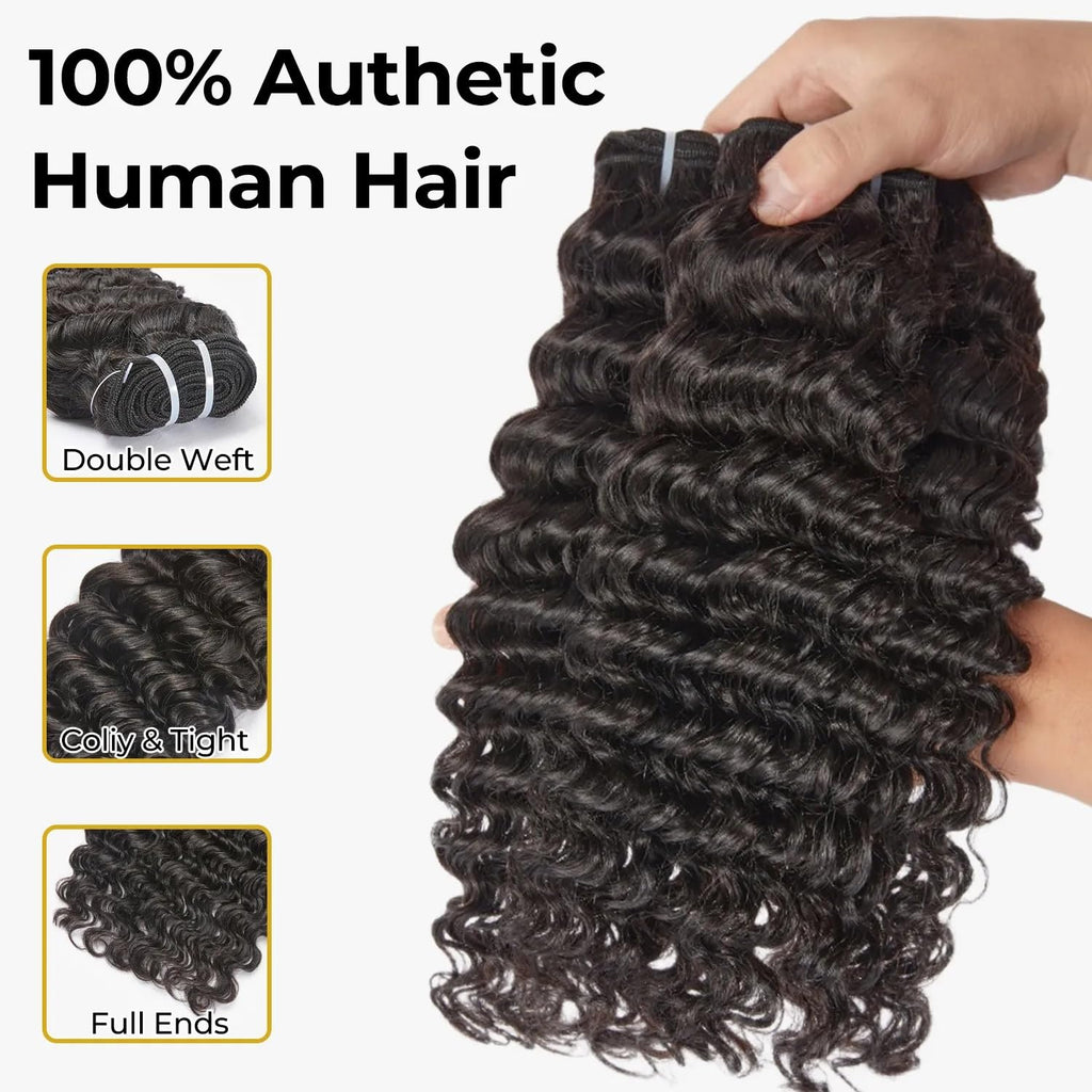 Wequeen 16A Deep Wave Water Wave Human Hair Bundles 100% Unprocessed Brazilian Virgin Hair Quick Weave Bundles Human Hair Extensions Real Human Hair,Deep Wave 16 Inch