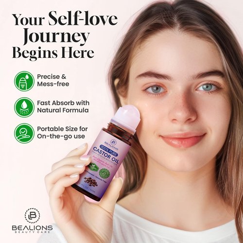 Bealions Castor Oil Roll On for Face: Castor Oil with Rose Quartz Roller for Massage - Deep Hydration Skin Moisturizer - Birthday Valentine Gifts for Women 35-65 (1.7 FL. OZ.)