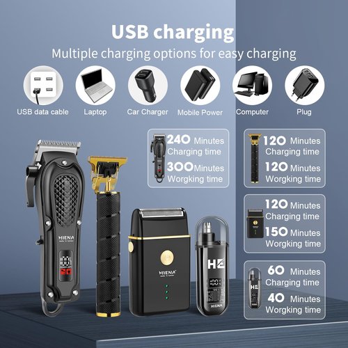 HIENA PRO Hair Clippers for Men Professional, Cordless Barber Clipper & T-Blade Beard/Hair Trimmer Set, Electric Razor Foil Shaver Nose Trimmer Barber Kit, Men's Hair Cutting Kit with 8 Guide Combs