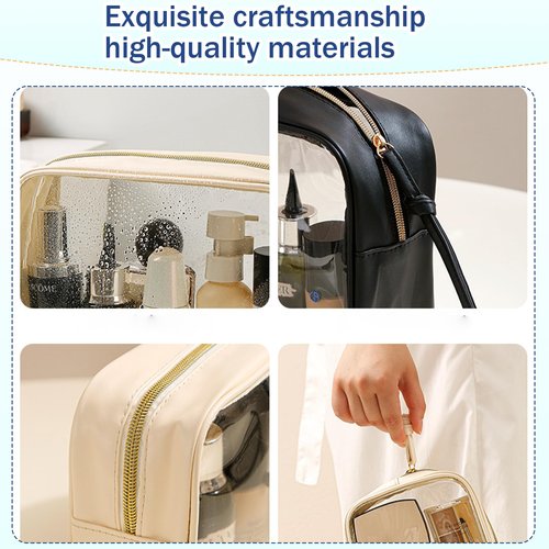 lllyan 3-Piece Travel Makeup Bag Clear Waterproof Toiletry Bag Set Large, Medium Small Sizes Travel Toiletry Organizer Pouch Cosmetic Storage for Bathroom (Beige)