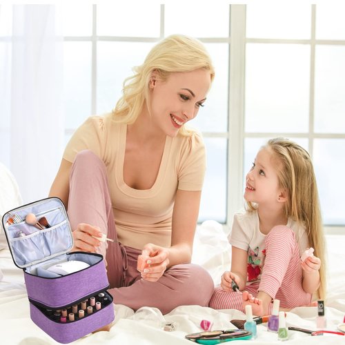Quoyiyo Nail Polish Organizer - Holds 30 Bottles & Nail Lamp, Double-Layer Nail Organizers and Storage, Nail Polish Bag with Handle Nail Travel Case for Nail Tech (Purple)