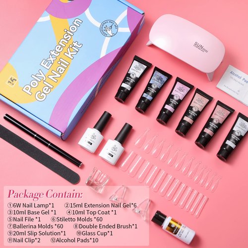 BORN PRETTY Poly Nail Extension Gel Kit-6 Colors Poly Nails Gel Kit Nude Clear Jelly Pink All In One Kit Builder Glue Gel with Nail Lamp Base Top Coat Set Nail Forms French Manicure Set for Beginner Starter DIY at Home Mother's Day Gifts