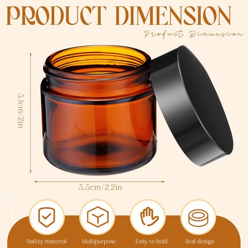 Patelai 2 oz Glass Jars with Lids, 4 Pack Amber Cosmetic Jars with Black Lids Leakproof and Dishwasher Safe for Travel Storage Makeup, Cream,Lotion,Ointments