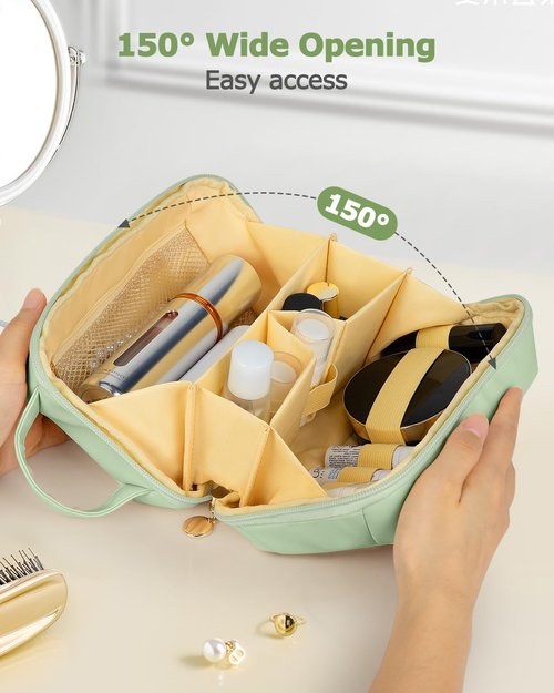 Soimeat Travel Makeup Bag Gift for Women, Soft PU Leather Cosmetic Bags, Waterproof Toiletry Bag, Portable Wide Open Pouch, Travel Cosmetic Bag with Divider and Handle, Medium, Green