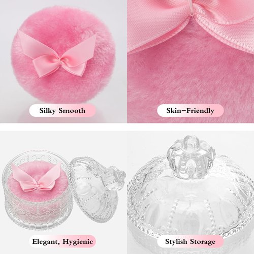 2 Pcs Large Body Powder Puff and Container, Powder Container with Puff, Dusting Powder Puff Crystal Case, Body Powder for Women Soft Washable Reusable Velour Face Body Glitter Wet Dry Makeup(Crown)