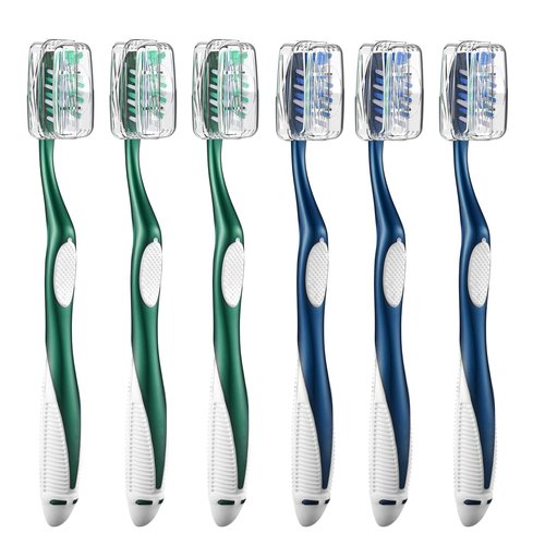 Fremouth Extra Firm Toothbrushes with Covers for Adults, Cross Extra Hard Bristles, with Built in Tongue Scraper, 6 Count