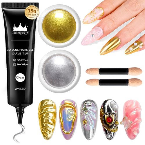 3D Nail Gel and Chrome Nail Powder BISHENGYF - 15g No Wipe 3D Sculpting with Rose Gold Chrome Powder Clear Non-Sticky Sculpting Gel for Home Art DIY