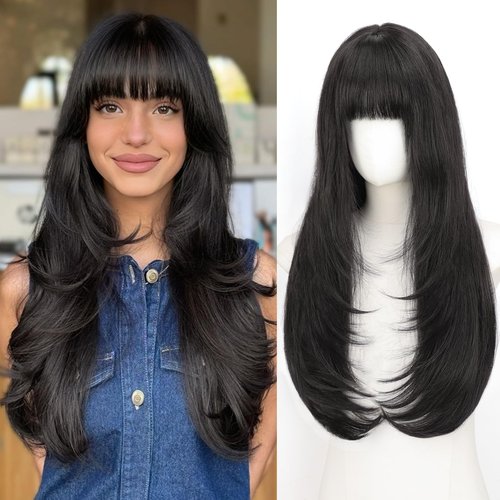 ALXNAN Hair Toppers For Women with Thinning 3D 360°Cover,26Inch Black Long Straight Layered Clip In Synthetic hair topper with Bangs