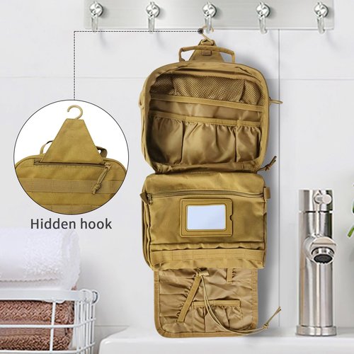 HJOKLS Tactical Toiletry Bag for Men, Travel Hanging Toiletry Bags, Toiletries Organizer Dopp Kit, Travel Cosmetic Bag,Shaving Hygiene Bag, Bathroom Essentials Men's Toiletry Bag for Camping - Khaki
