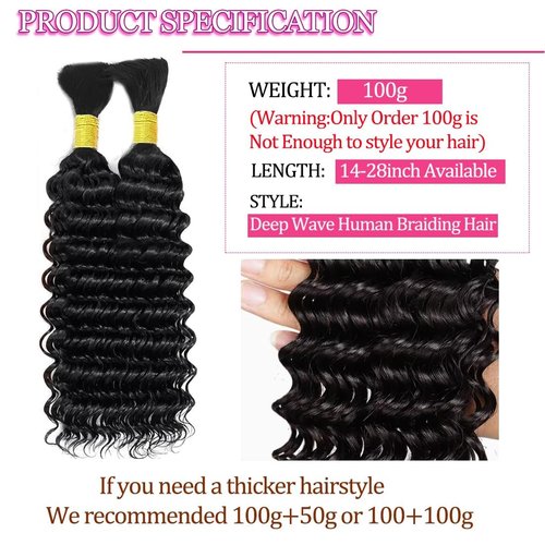 20 Inch Human Braiding Hair For Boho Braids Deep Wave Bulk Human Hair for Braiding 100g/pack 2 Bundles Human Braids Hair Extensions No Weft