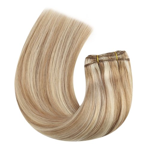 Moresoo Sew in Weft Hair Extensions Unprocessed Human Hair Bundles Highlight Color #6 Medium Brown and #60 Platinum Blonde Remy Human Hair Straight Bundles Short Hair Extensions 100g 14 Inch