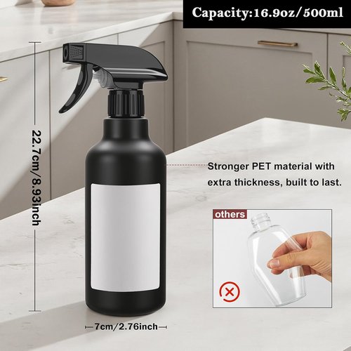 Skiennix 16.9oz Plastic Spray Bottles - Heavy Duty for Hair Mist & Cleaning Solutions | 2 Pack (Black)