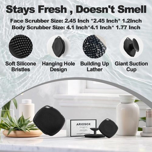 ARIOSOX 2 Pack Face Scrubbers, Silicone Face Scrubber Soft Bristles, Gentle Lather, Exfoliating & Deep Cleaning for Sensitive Skin, Giant Suction Cup Stick Securely, Easy to Store (Black)
