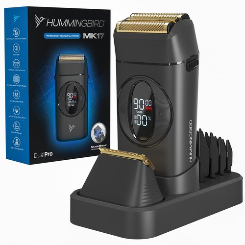 HUMMINGBIRD MK17 DualPro Foil Shaver & Beard Trimmer for Men – Gold Titanium Blades, Turbo Shaving & Torque Control, Metal Body, Digital Battery & RPM Display, Wet/Dry, USB-C & Wireless Charging Dock