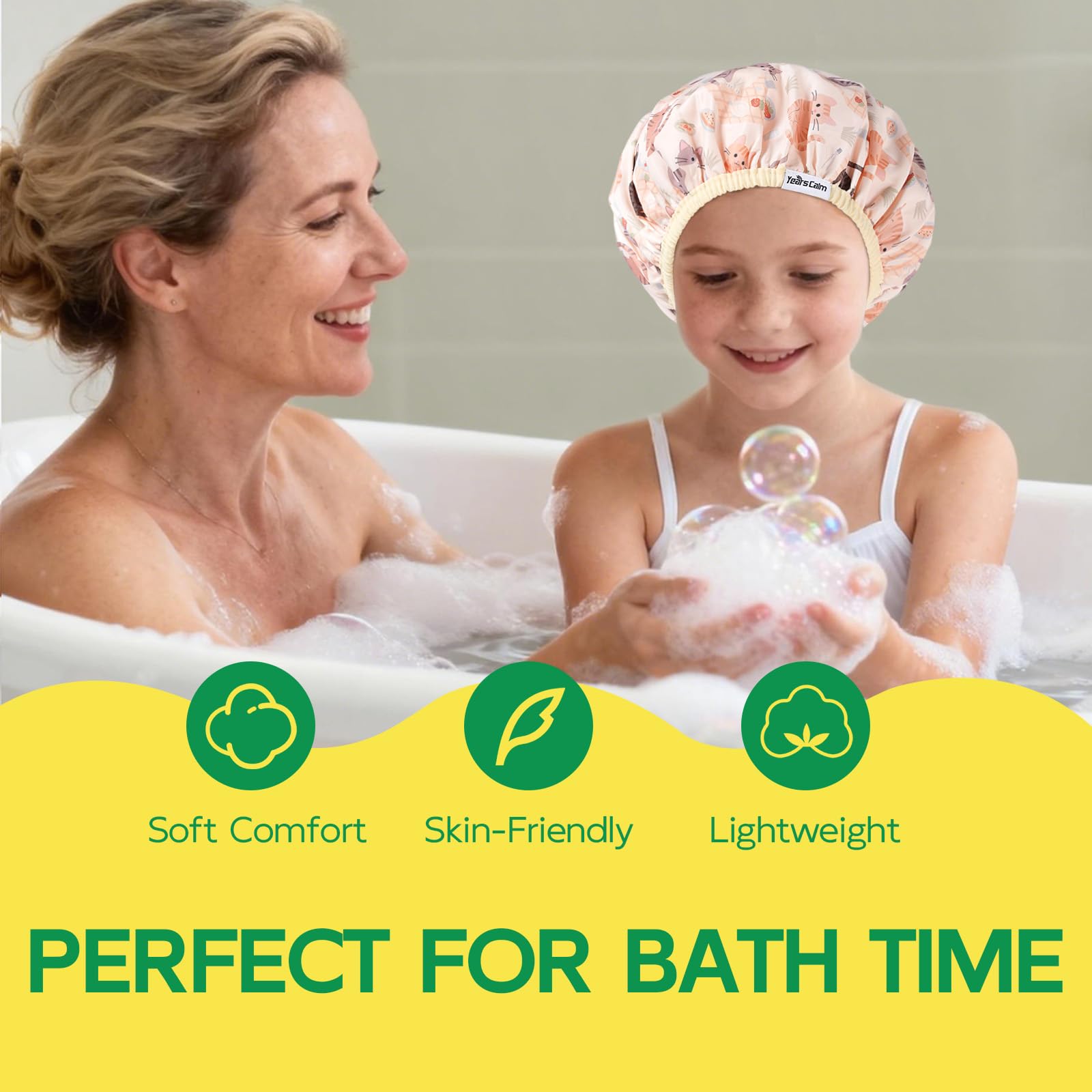 Years calm Kids Shower Cap, Waterproof Reusable Cartoon Bath Cap with Double Layers & Soft Elastic Band, Washable shower cap for kids, Great for Daily Bath