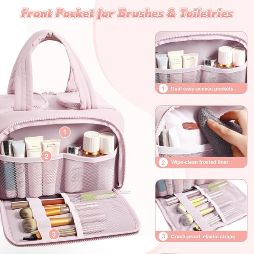 todbown Travel Toiletry Bag:  Large Capacity, 4 Compartments, Wet/Dry Separation, Ultra-Soft Lightweight Fabric & Anti-Spill Design for Travel,Gym,Gift(11.8" L) (Soft Pink)