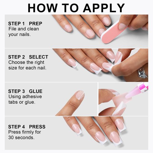 Anyos 16 Sizes French Tip Short Duck Press on Nails,Soft Gel Fake Nails Glossy 32pcs with Nail Glue (Classic French)