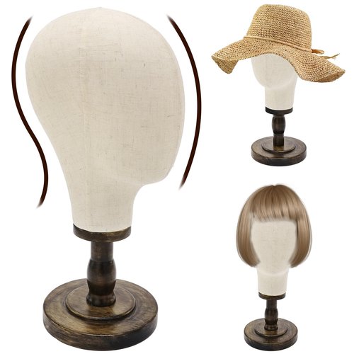 GHWMYD Wooden Wig Stand with Realistic 21.7 Inch Canvas Mannequin Head - Stylish Display and Storage for Wigs, Hats, Caps, Headdresses, and Accessories - Durable Rustic Hat Rack for Home or Salon Use