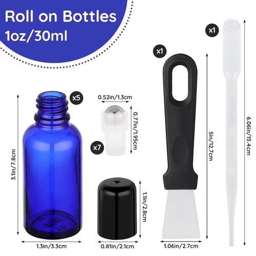Segbeauty 1oz Glass Essential Oil Roller Bottles Rollerball Applicator, 5pcs 30ml Roll On Bottles, Refillable Anointing Oil Bottle, Blue Perfume Bottle Empty, Travel Size Containers for Oils Liquids