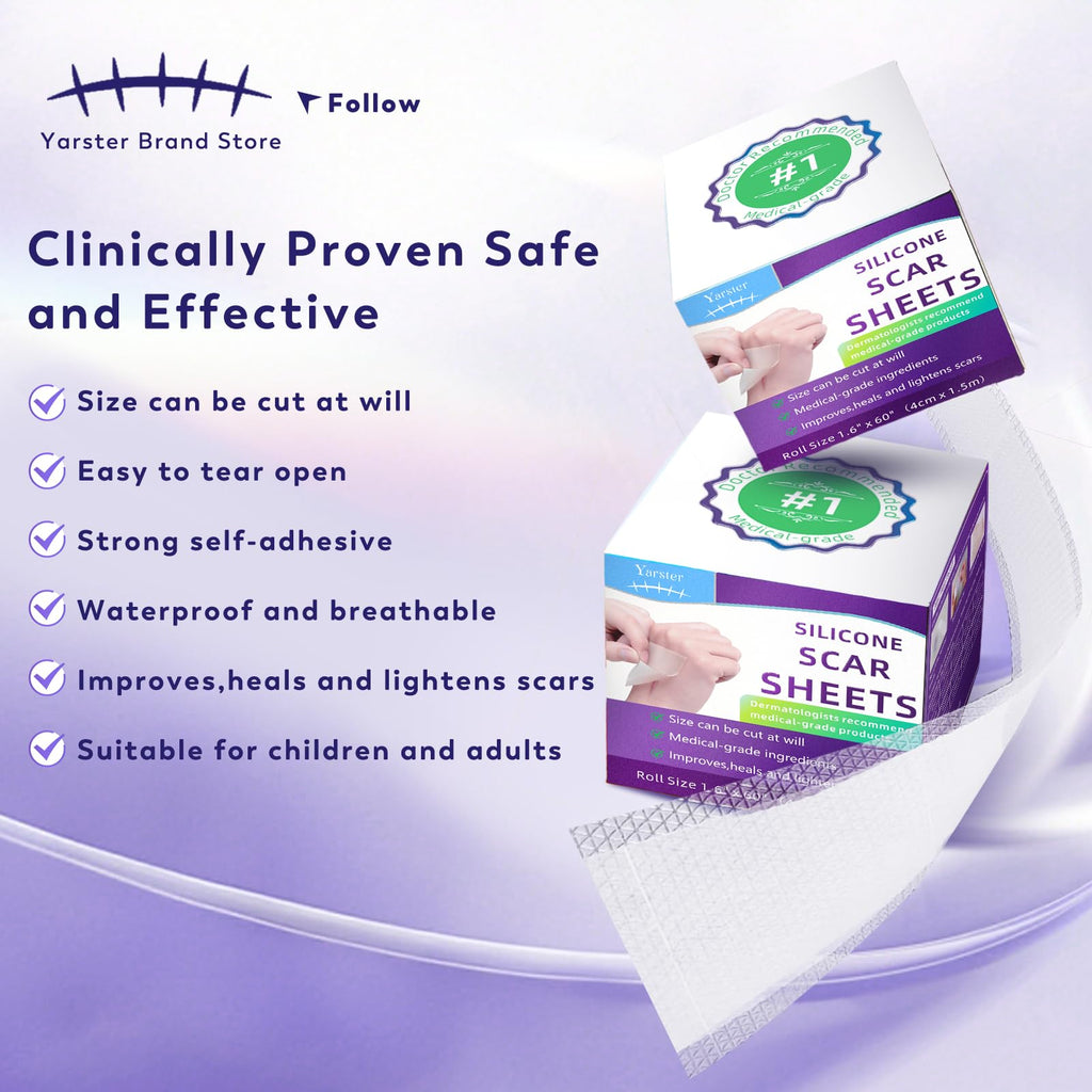 Yarster Silicone Scar Sheets, Silicone Scar Tape(1.6"x 60" Roll-1.5M), Medical Grade Scar Sheets, Scar Tape for Surgical Scars, Burn, C-Section, Keloid Scars, Acne Treatment, Stretch Marks Removal