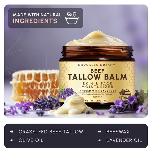 Brooklyn Botany Beef Tallow Balm – Grass Fed Beef Tallow for Skin and Face – Nourishing Face Moisturizer Infused with Lavender – 2 oz
