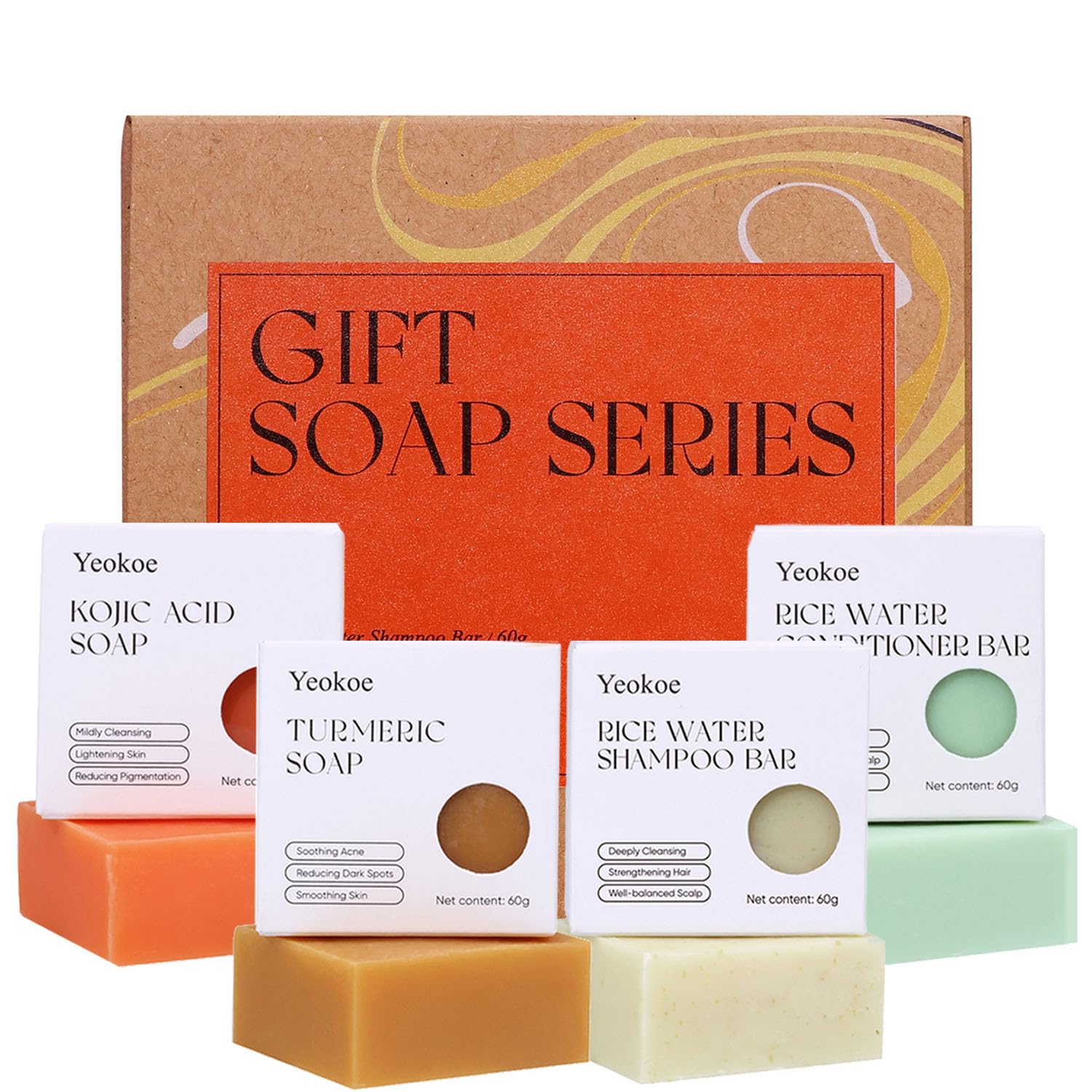 Yeokoe Turmeric Soap Bar & Rice Water Shampoo Conditioner Set - Deep Cleansing, Spa Gifts for Women