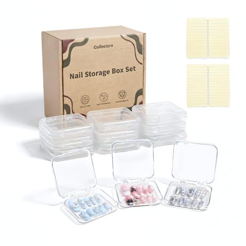 12 Pcs Press on Nail Storage Box with 60 Pcs Double Sided Adhesive Tapes, Nail Packaging Boxes Fake Nail Display Case Crystal Clear Nail Storage Box with Gift Box for Nail Art Business Nail Salon
