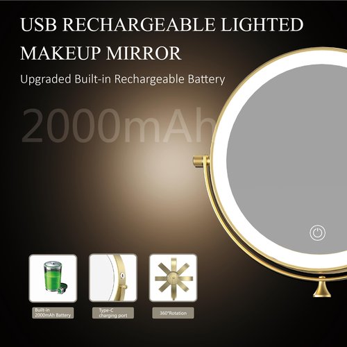 MIROAMZ Rechargeable Wall Mounted Lighted Makeup Vanity Mirror 9 Inch Double Sided 1X 10X Magnifying Bathroom Mirror, 3 Color Lighting, Touch Screen Dimming, 360 Rotation Shaving Mirror Gold