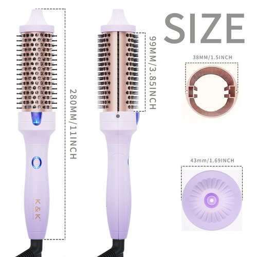 K&K 1.5 inch Volumizing Brush Heated Curling Ceramic Tourmaline Ionic Curling Iron Quick Heating Makes Hair Silky Smooth Dual Voltage Travel-Friendly Straightening Round Design (Purple, 1.5 Inch)