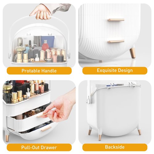Sansixzero Makeup Organizer with Transparent Lid & 2 Drawers – Large Capacity Cosmetic Skincare Storage Box for Bathroom Vanity, Countertop, Bedroom – Portable and Dustproof, White (11"x7"x14")