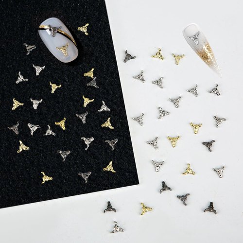 100pcs Stylish Bull Head Nail Charms, Halloween Retro Alloy Art Nail Stickers Funny Bull Head Manicure Decor Stickers for DIY Crafts with Gold Silver Black Mixed Color Designs