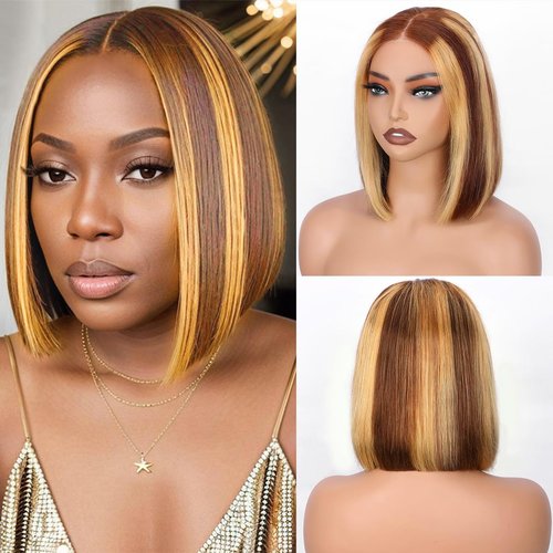 Selina 4x4 Straight Highlight Ombre Bob Wig Human Hair Hd Lace Front Wigs Human Hair Gluless 100% Remy Hair for Women Transparent Lace Wig 12 Inch