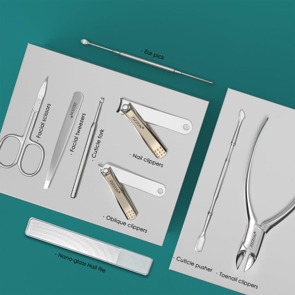 ZIZZON Manicure Set Professional Stainless Steel Toenail and Fingernail Clippers Set 9 in1 Pedicure and Grooming kit with Travel Case (Black)