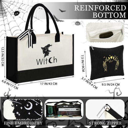Abbylike 2 Pcs Halloween Canvas Tote Bag for Women Moon Witch Zipper Pouch Bag Goth Makeup Bag Witch Witchy Stuff Embroidery Shopping Handbag Gift for Coven Beginners Tarot Card