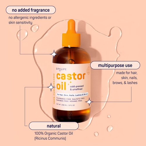 SpaLife Organic Cold Pressed Castor Oil for Face, Brows, Hair, Skin, Nails, & Lashes | Hexane Free Cold Pressed Castor Oil & 2x Brow Brushes, 2x Lash Line Applicators, and Dropper | 8 FL OZ