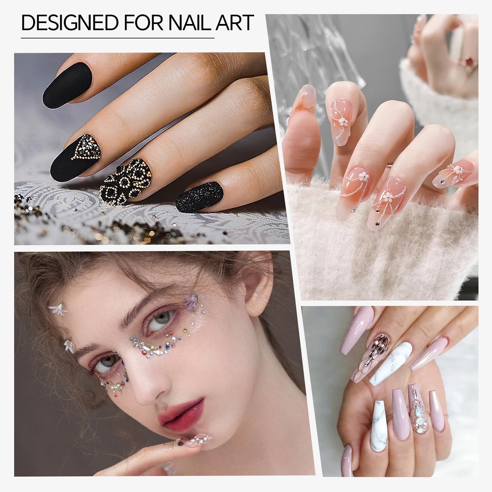 WATRZ 3 Boxes 5500 PCS Nail Art Rhinestones Multi-Color 3D Flowers Flatback Nail Gems Caviar Beads Metal Nail Chains White AB Half Round Pearl Nail Charms Art Nail Accessories for DIY Nail Decor