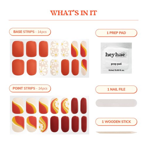 Heyhae Semi Cured Gel Nail Strips | No LED Lamp Needed | Summer, Floral, Red | Easy Apply & Remove, Salon Quality | Includes 28 Strips, 1 Prep Pads, Nail File & Wooden Stick - Hey, Here Comes the Sun