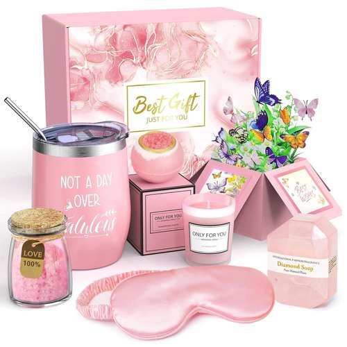 Spa Gift Basket with Bath Essentials- Pink Rose Relaxation Kit Set, Birthday Spa Items Box for Women, Wife, Mom, Sister, Mom, Her, Friends