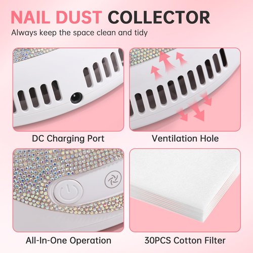 CHRISTINE SHELLY Nail Dust Collector, Cordless Dust Collector Nail Tech, Powerful Vacuum Fan Vent Dust Collector Extractor Dust Suction Machine for Acrylic Nails Polishing, Low Noise, Nail Salon&Home