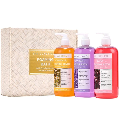 Spa Luxetique Bubble Bath, Foaming Bath with Epsom Salt, Chamomile Rose and Lavender Scent Bathing Set, 3 Pack 49.8 fl oz Christmas Gifts Set for Women and Men